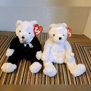 NWT Ty Beanie Baby Bride and Groom Bear Set from 2002 White Black